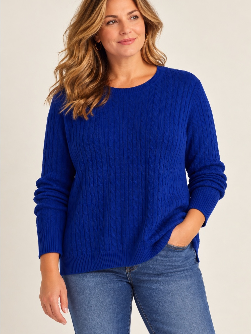 Talbots Cable Knit Crew Neck Sweater 2X Royal Blue Wool Cotton Blend Preppy